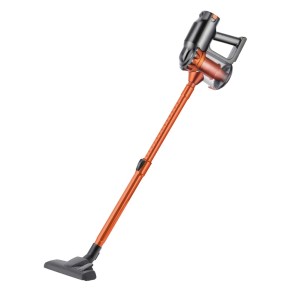 Aspirapolvere senza fili arancione e nero, un pratico aiuto per la pulizia della casa.