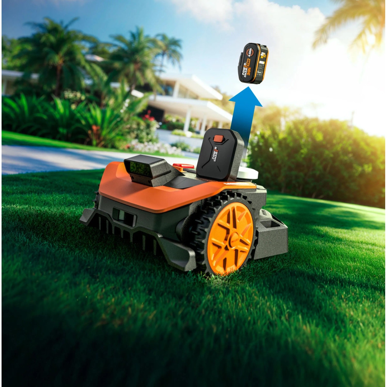 Robot rasaerba Worx M800 con batteria sull'erba. Tosaerba intelligente senza fili.