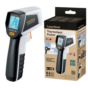 Termometro a infrarossi Laserliner ThermoSpot Pocket con display e confezione.
