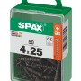 Viti SPAX 4x25 mm, 50 pezzi in contenitore di plastica verde. Fissaggio universale.