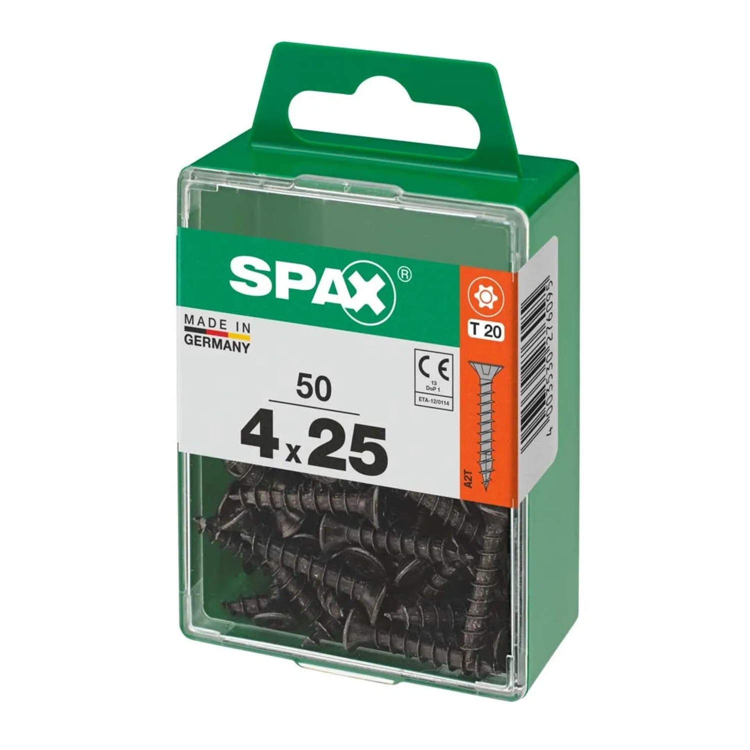 Viti SPAX 4x25 mm, 50 pezzi in contenitore di plastica verde. Fissaggio universale.