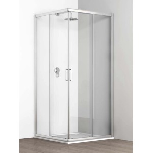 Box doccia quadrata con ante in vetro trasparente e telaio argentato.
