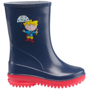 Stivale di gomma blu per bambini con suola rossa e motivo ragazzo per giardinaggio.