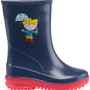 Stivale di gomma blu per bambini con suola rossa e motivo ragazzo per giardinaggio.