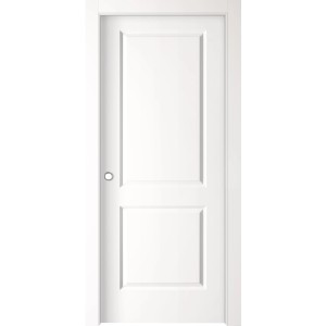 Porta interna bianca con due pannelli e maniglia argentata.