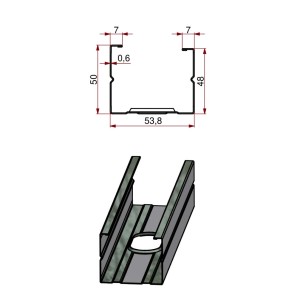 Disegno tecnico e vista 3D di un profilo per pannelli in cartongesso.