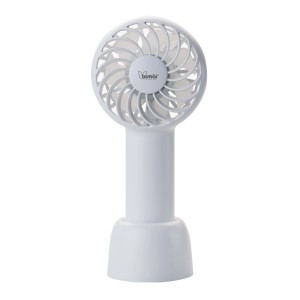 Ventilatore t.b.t. bianco portatile con base da tavolo.