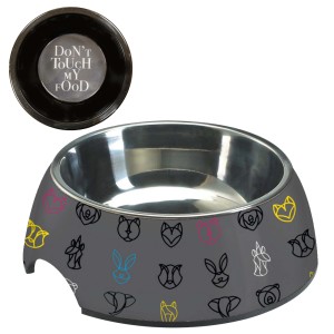 Ciotola per cani t.b.t., grigia con motivi animali e inserto in acciaio inox.