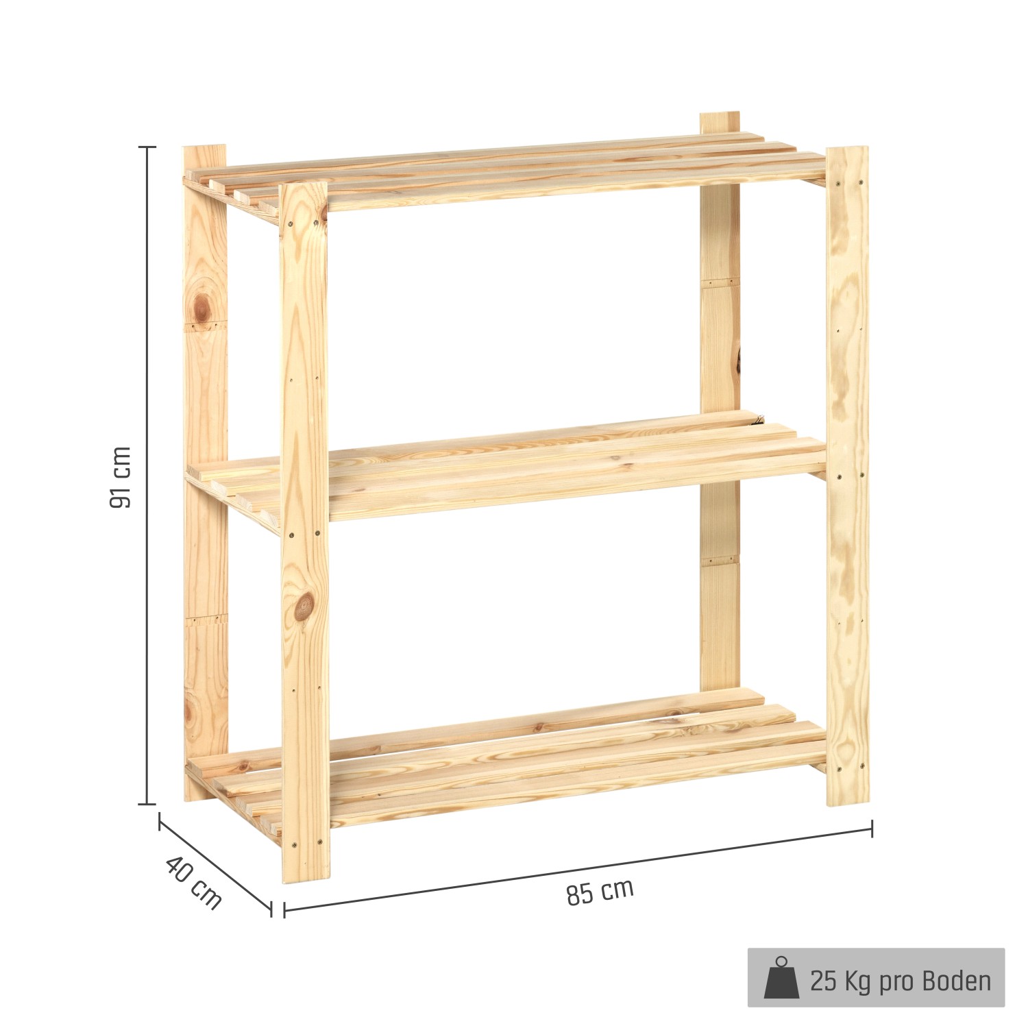 Scaffale in legno 3 ripiani 91x85x40 cm 25 kg/ripiano