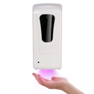Dispenser sapone automatico bianco con mano sotto, attivato dalla luce.