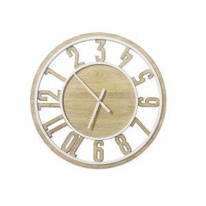 Orologio da parete color legno con numeri e lancette bianchi. Orologio decorativo per la casa.
