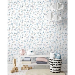 Carta da parati decorativa per bambini con lettere e motivi in blu e beige.