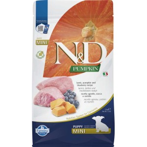 N&D Zucca Mini Puppy cibo secco per cani con agnello, zucca e mirtilli in sacco da 2,5kg.