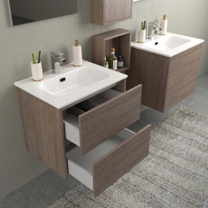 t.b.t. Mobile bagno con cassetti aperti in un bagno moderno.