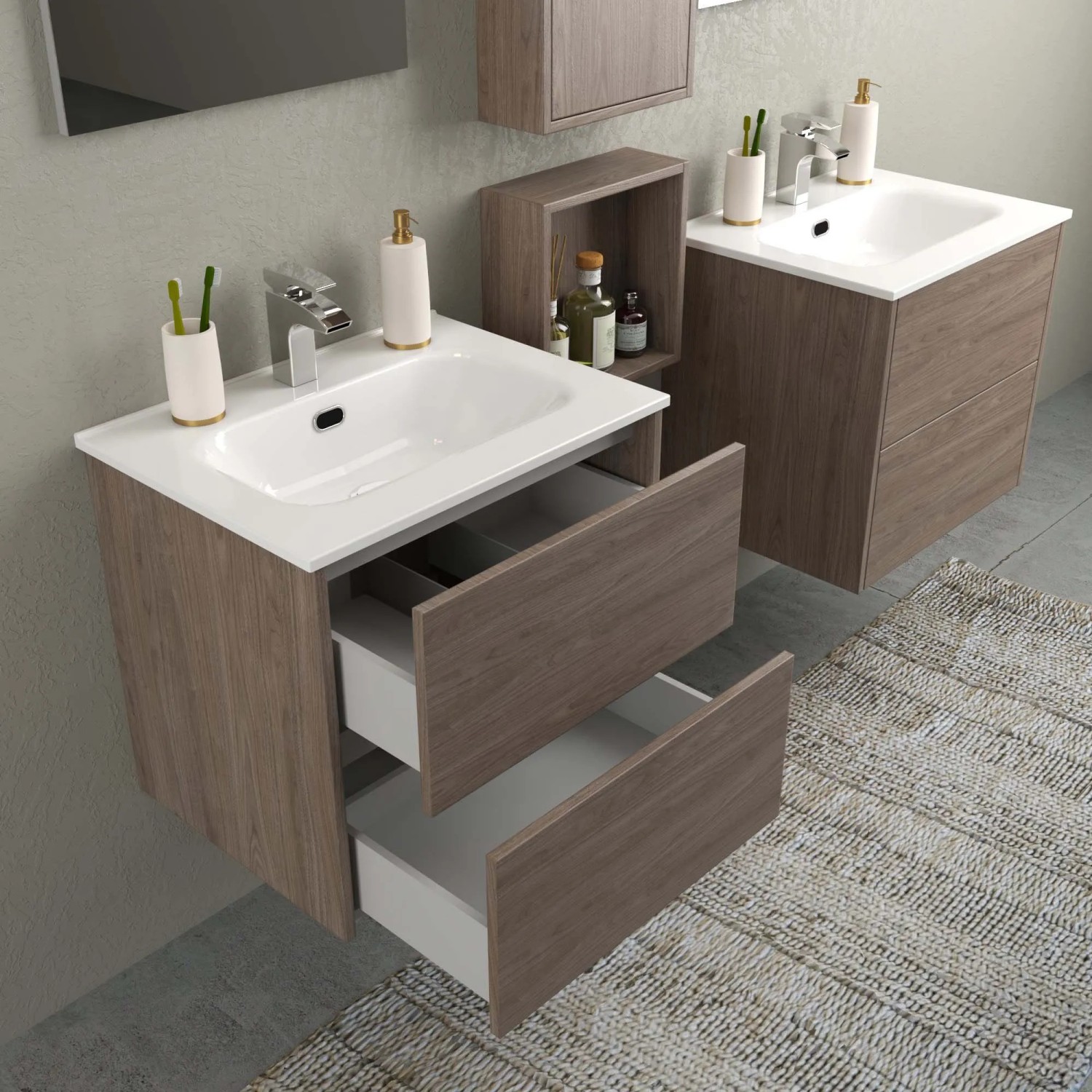 t.b.t. Mobile bagno con cassetti aperti in un bagno moderno.