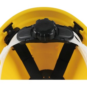 Vista interna: Casco da cantiere giallo LUX con sospensione a 6 punti e rotella di regolazione.