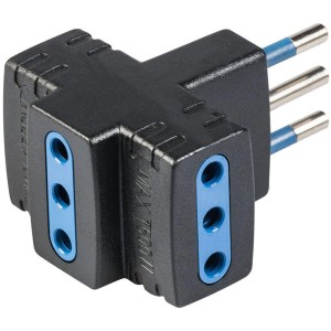 Adattatore multiplo t.b.t. nero con tre prese e dettagli blu.