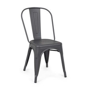 Sedia impilabile in metallo grigio per interni ed esterni.