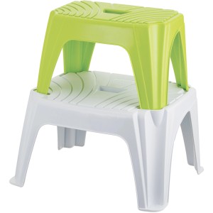 Sgabello a due gradini bianco e verde, ideale come alzata o sgabello.