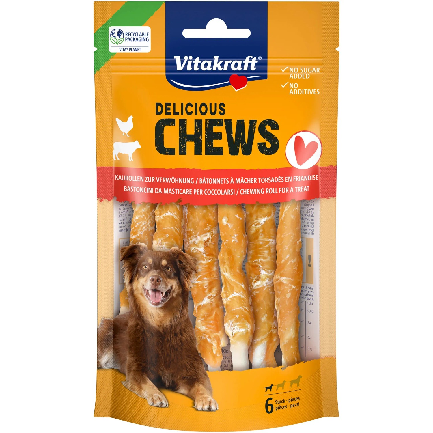 Vitakraft Chews Delicious pollo S, 6 pezzi. Osso e snack per cani di piccola taglia.