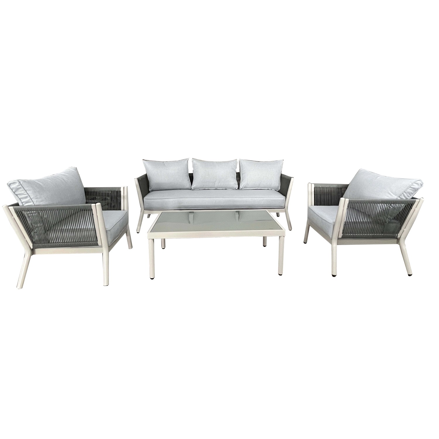 Set di mobili da giardino t.b.t. grigio con divano, poltrone e tavolo.