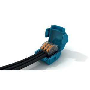 Morsetto di giunzione t.b.t. in custodia blu con tre cavi neri.