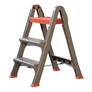 Sgabello pieghevole a 3 gradini, marrone e arancione, per uso interno. Ideale come scala domestica.