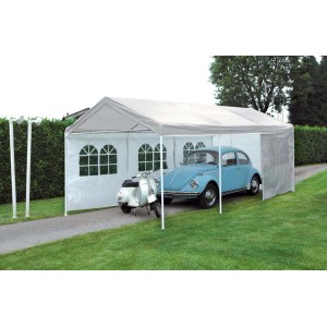 Gazebo bianco con auto e scooter. Ideale come riparo.