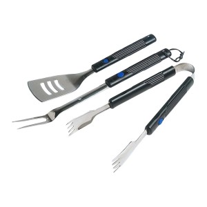 Set BBQ: spatola, forchetta, pinze con manici neri.