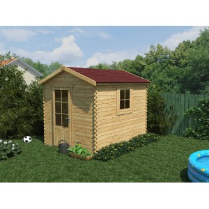 Casetta da giardino in legno con tetto rosso, porta e finestra.