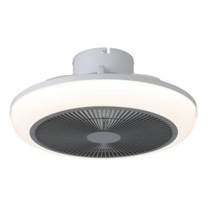Plafoniera LED moderna t.b.t. con ventilatore integrato in grigio e bianco.