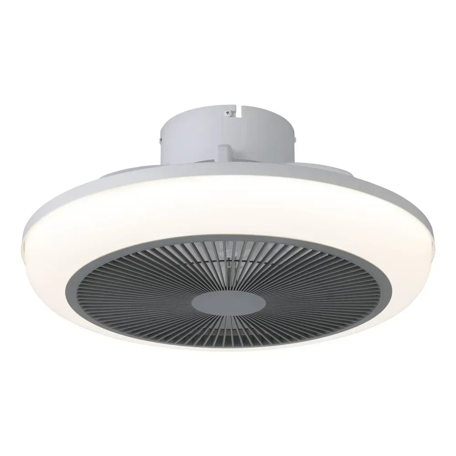 Plafoniera LED moderna t.b.t. con ventilatore integrato in grigio e bianco.