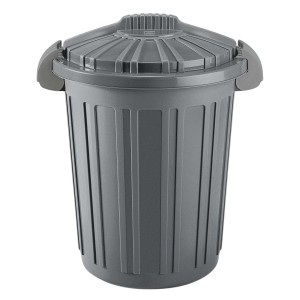 Cestino t.b.t. grigio con coperchio. Smaltimento pratico dei rifiuti per casa e giardino.