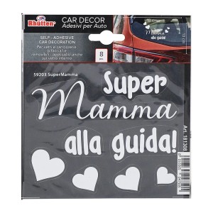Set adesivi auto "SuperMamma" per interni, con scritte e cuori.