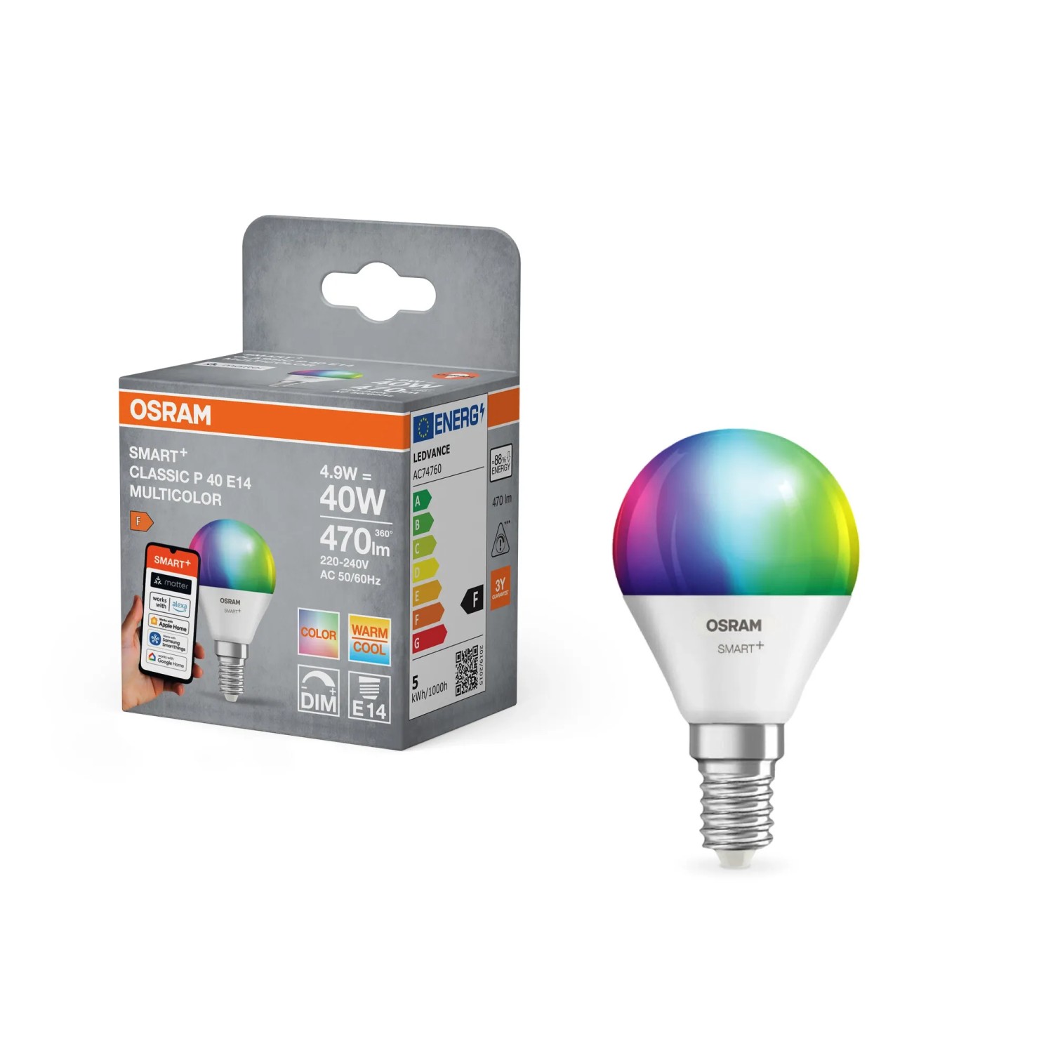 OSRAM Lampada LED SMART+ P40, E14 a forma di minisfera, bianco regolabile, controllo tramite app e voce, dimmerabile, opaca, da bianco caldo a freddo, durata 20.000 ore