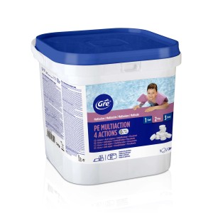 Gre PE Multiaction 4 Actions per trattamento acqua piscina in secchio con coperchio blu.