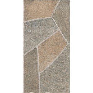 Piastrella per pavimentazione esterna t.b.t. effetto pietra naturale beige e grigio.