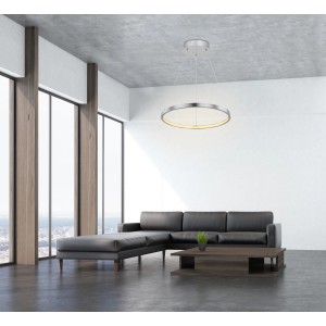 Moderna lampada a sospensione t.b.t. a forma di anello, ideale per spazi abitativi.