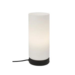 Semplice lampada da scrivania t.b.t. con paralume cilindrico bianco e base nera.