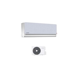 Climatizzatore t.b.t., unità interna ed esterna in bianco.