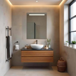 Specchio da parete rettangolare t.b.t. con illuminazione LED in bagno moderno.