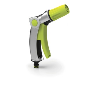 Pistola per irrigazione da giardino verde e argento.