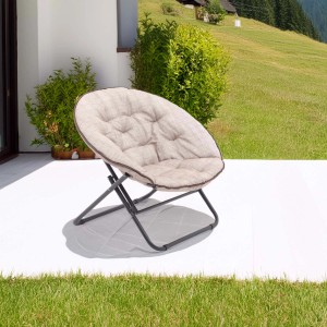 Comoda poltrona da esterno t.b.t. rotonda con cuscino grigio e struttura in metallo per giardino e terrazza.