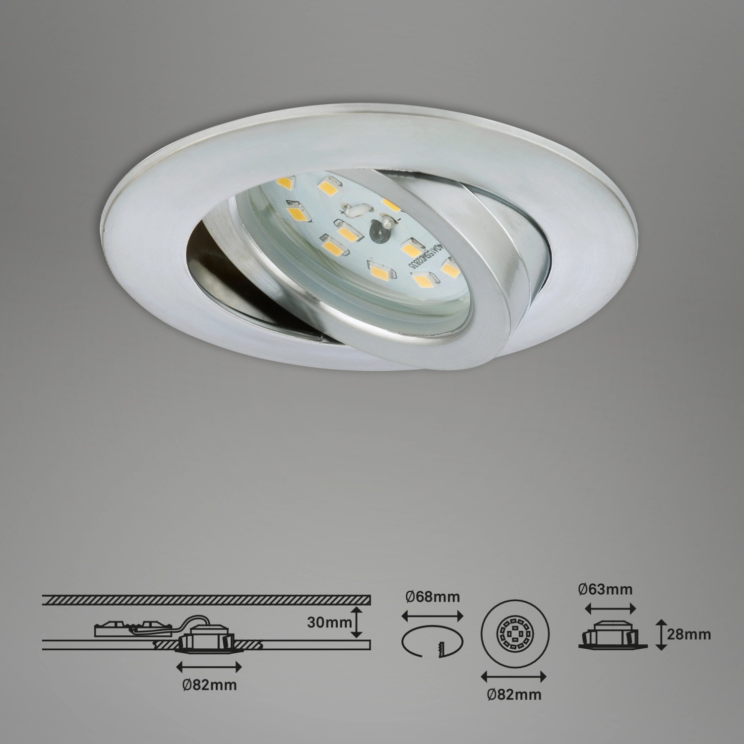 Set di 3 faretti da incasso a LED Briloner dimmerabili, orientabili, color alluminio.