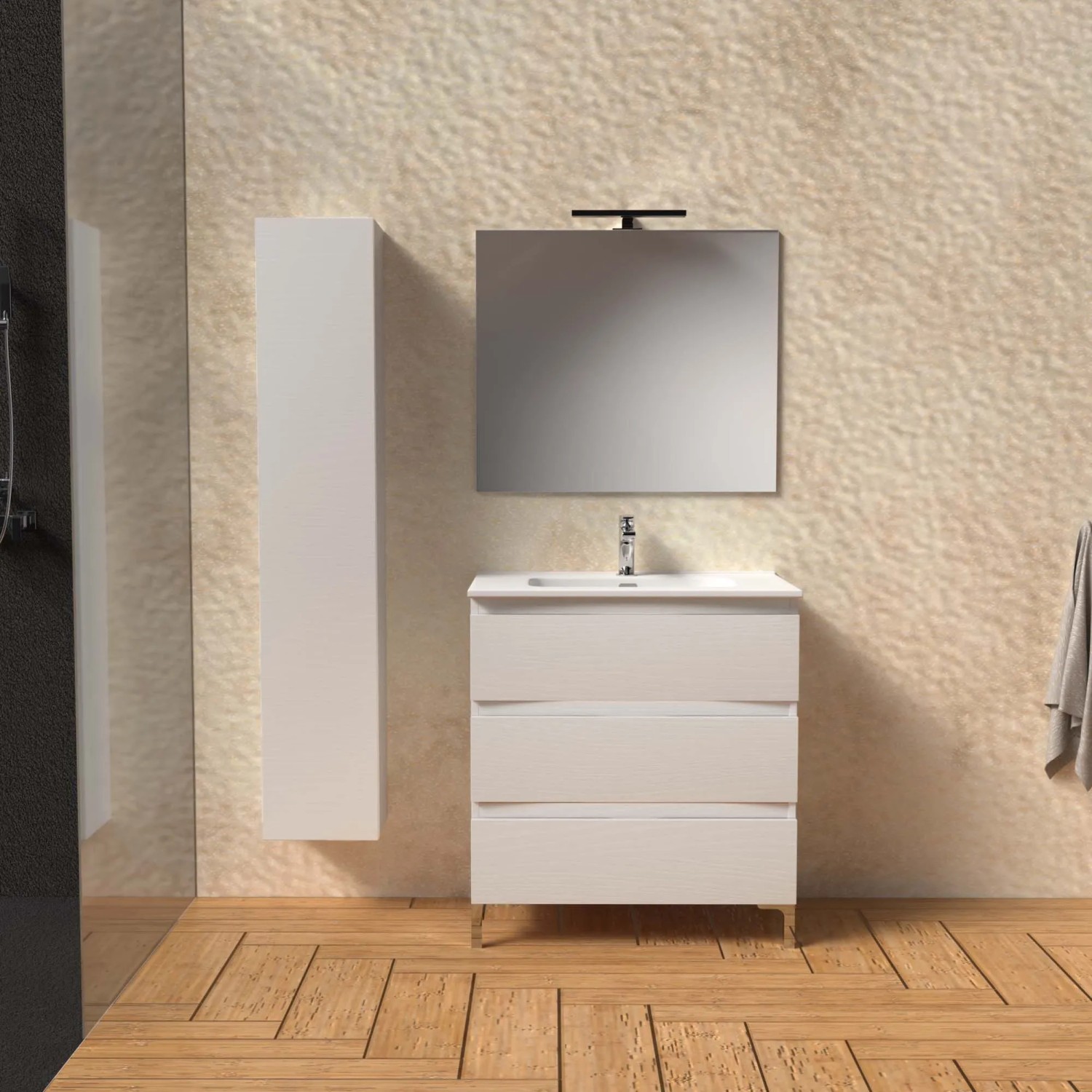 Mobile bagno base lavabo a terra Pura 3 cassettoni L81xH90xP46 cm Bianco nordico_2