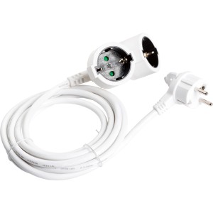 Prolunga Schuko bianca a 2 vie con cavo da 3 m e spina piatta.