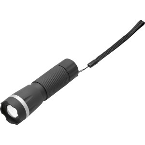 Torcia LED grigio-nera con cinturino da polso, luminosità 60 lumen.