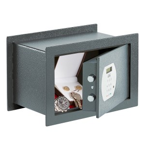 Cassaforte a muro Burg Wächter Pure Safe PSW 120 E antracite, aperta con contenuto (orologio, gioielli, chiavi).