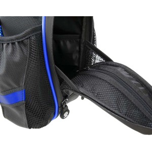 Borsa da bici t.b.t. nera con dettagli blu e tasche a rete.