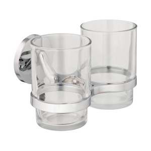 Set portaspazzolini CMI S300 con 2 bicchieri in vetro trasparente e supporto cromato.